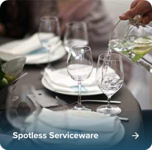 Sparkling clean glassware on a restaurant table thanks to Dooley’s Water Solutions