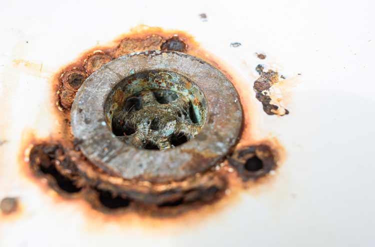 Corroded iron stained bathroom sink drain with rust and scale damage" Caption: "Prevent corrosion and extend fixture life with Dooley's Water Conditioning
