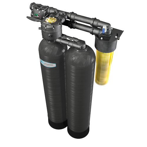 Compact Kinetico home water softener system with dual tanks