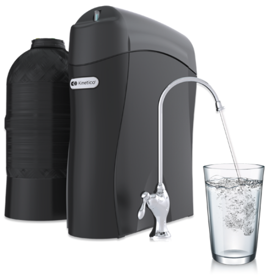 Innovative Kinetico K5 Reverse Osmosis system with purified water pouring into glass